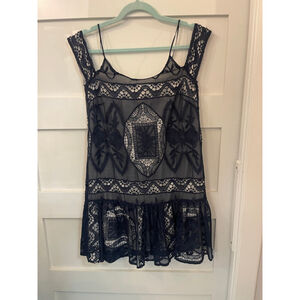 Art Artelier Nicole Miller Navy Lace Dress Petite Small Sheer Drop Waist Lined